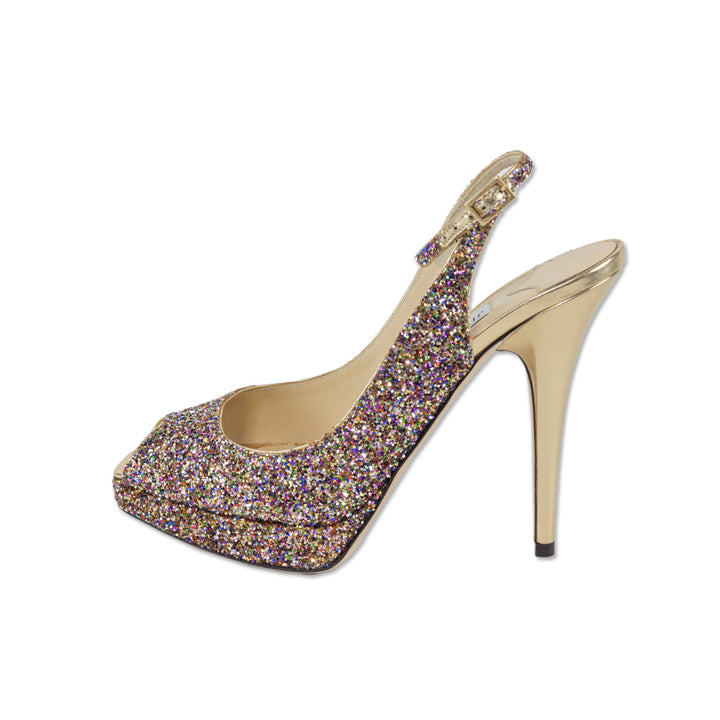 Jimmy Choo Clue Golden Multicolor Glitter Slingback Platform Pumps