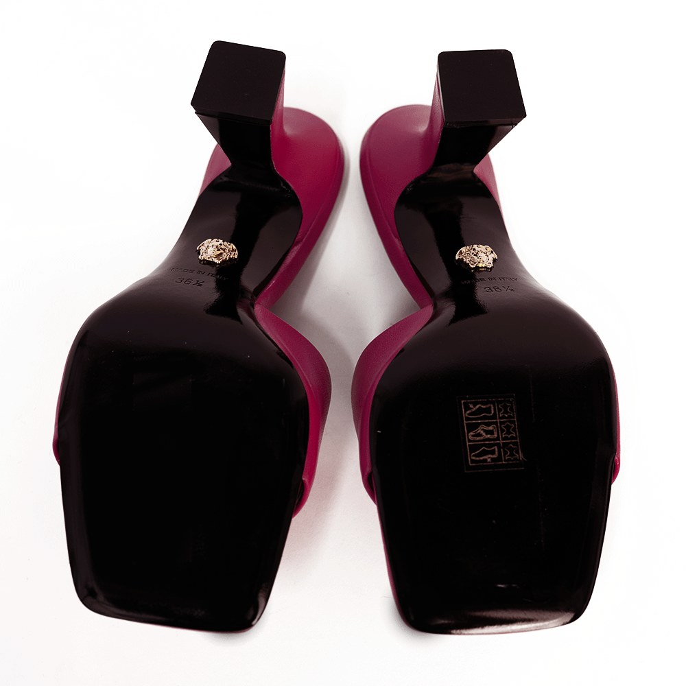 Versace Pink Leather Medusa Mule Heels | DBLTKE Luxury Consignment Versace Pink Leather Medusa Mule Heels | DBLTKE Luxury Consignment