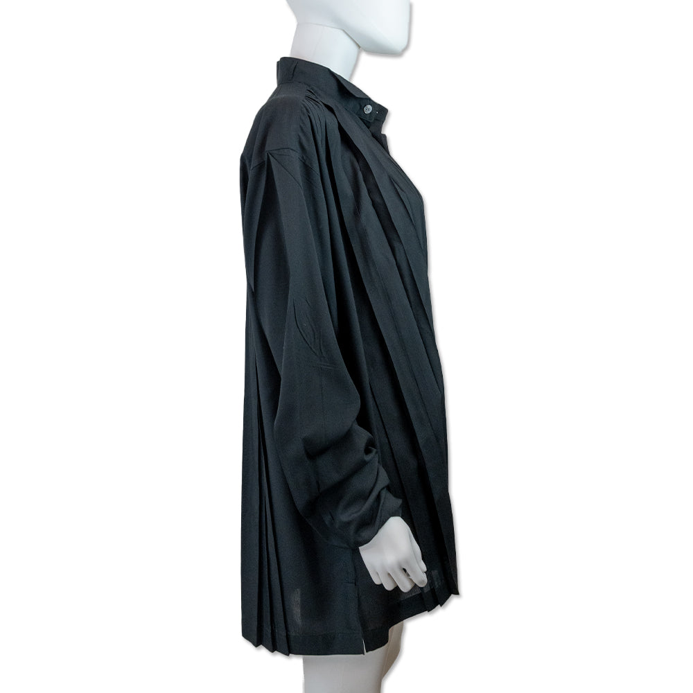 Issey Miyake Black Pleated Tuxedo Collar Shirt