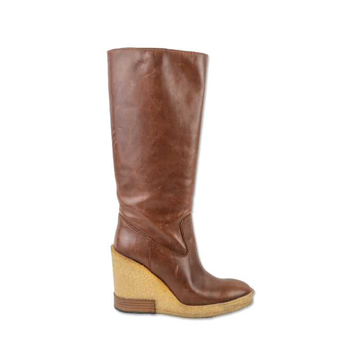 Tod's Brown Leather Wedge Below the Knee Boots