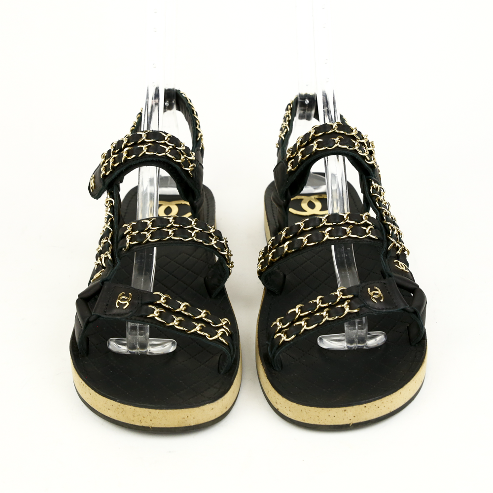 Chanel Black Leather & Chain Flat Dad Sandals