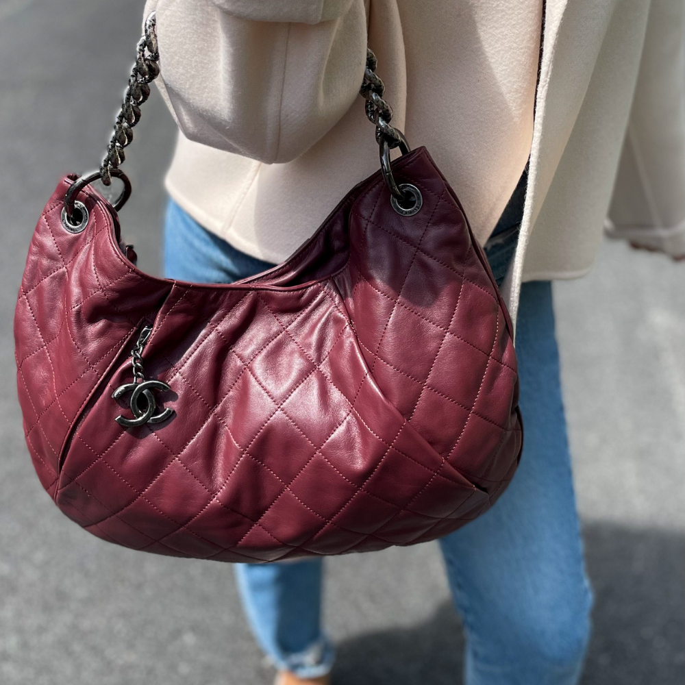 Chanel Coco Pleats Burgundy Leather Hobo Bag