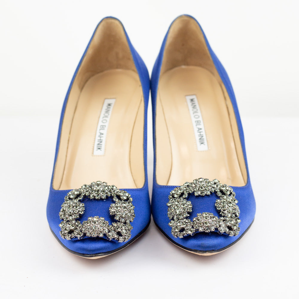front view of Manolo Blahnik Hangisi Jeweled Blue Satin Pumps