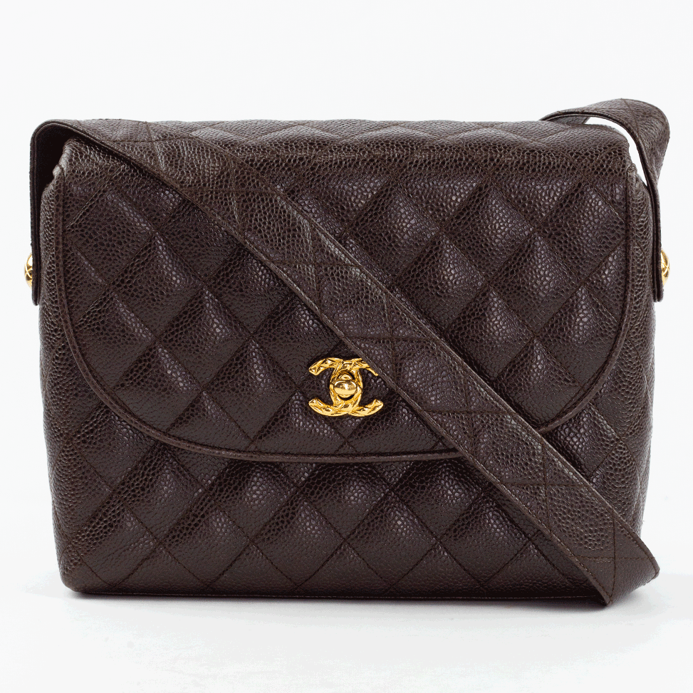 front view of Chanel Vintage Brown Quilted Caviar Flap Crossbody Bag