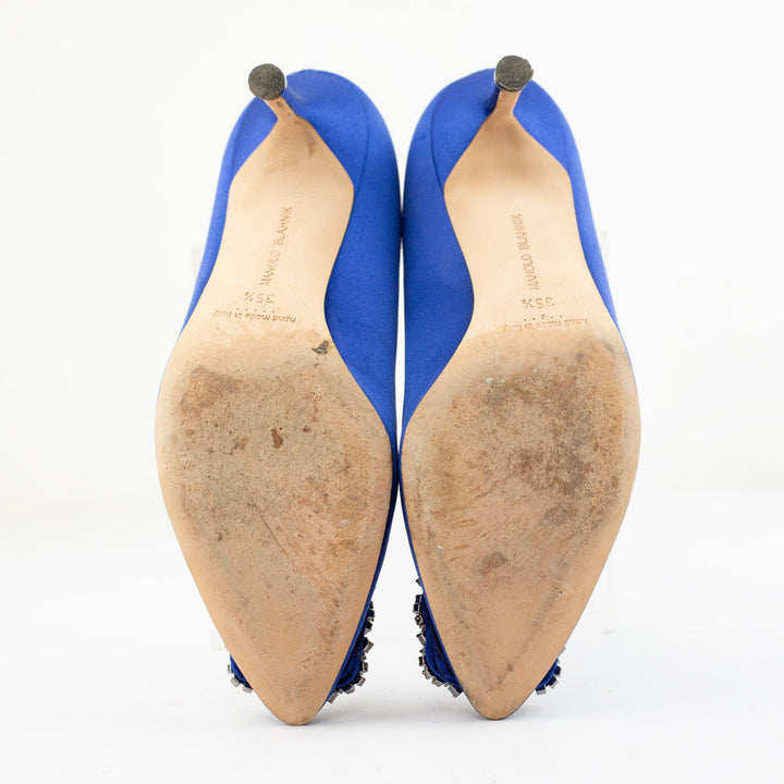 sole view of Manolo Blahnik Hangisi Jeweled Blue Satin Pumps