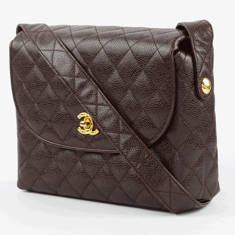 side view of Chanel Vintage Brown Quilted Caviar Flap Crossbody Bag