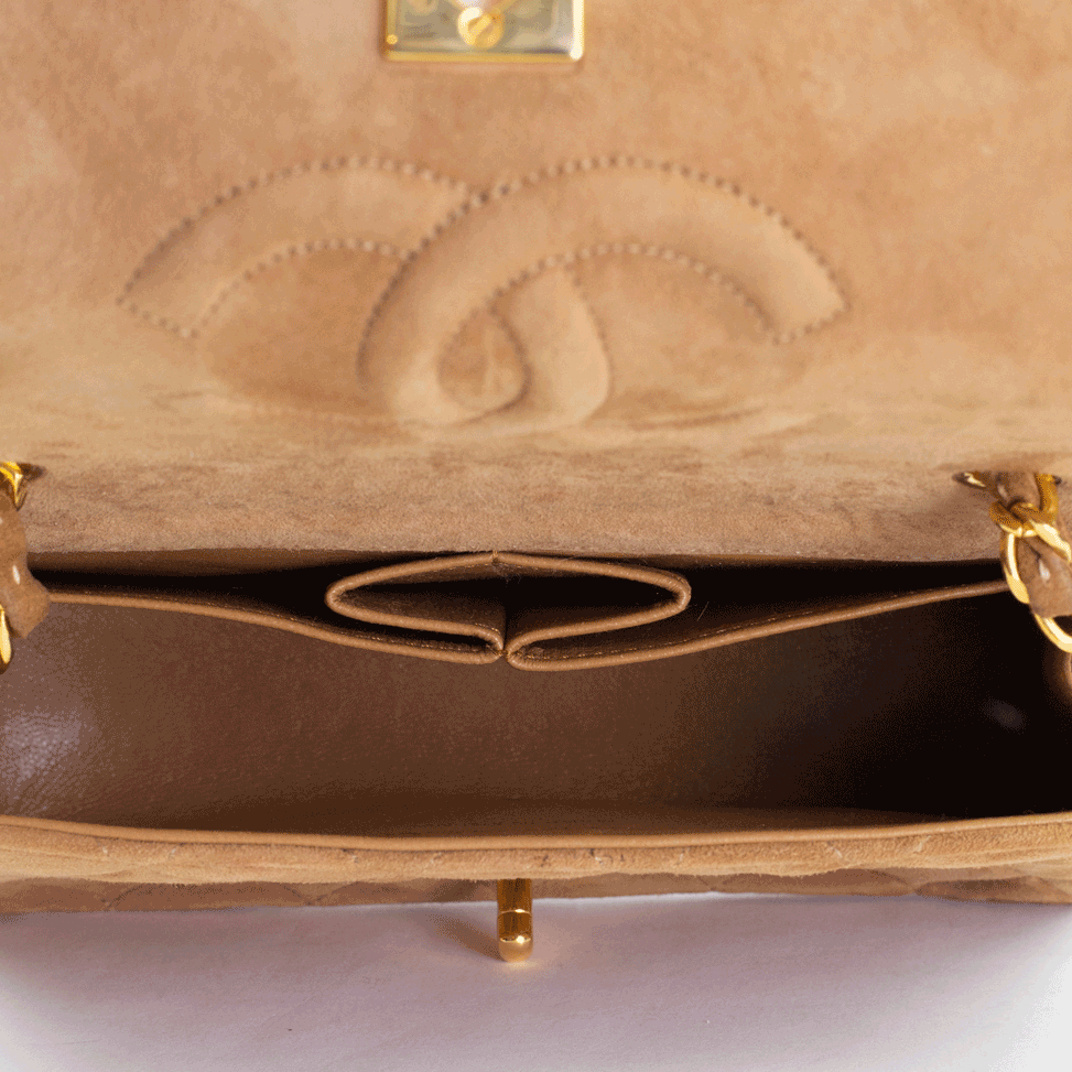interior view of Chanel Vintage Tan Suede Mini Flap Crossbody Bag