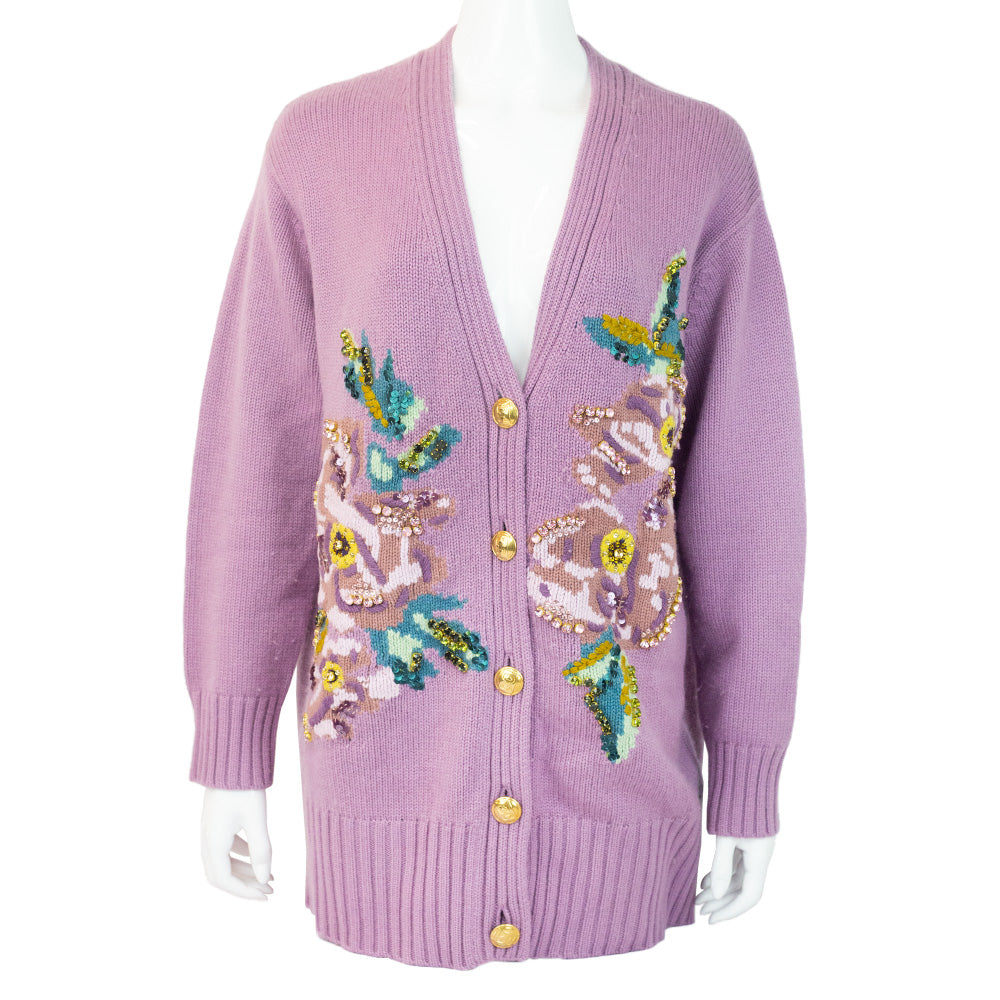 front view of Escada Lilac Wool & Cashmere Embroidered Cardigan