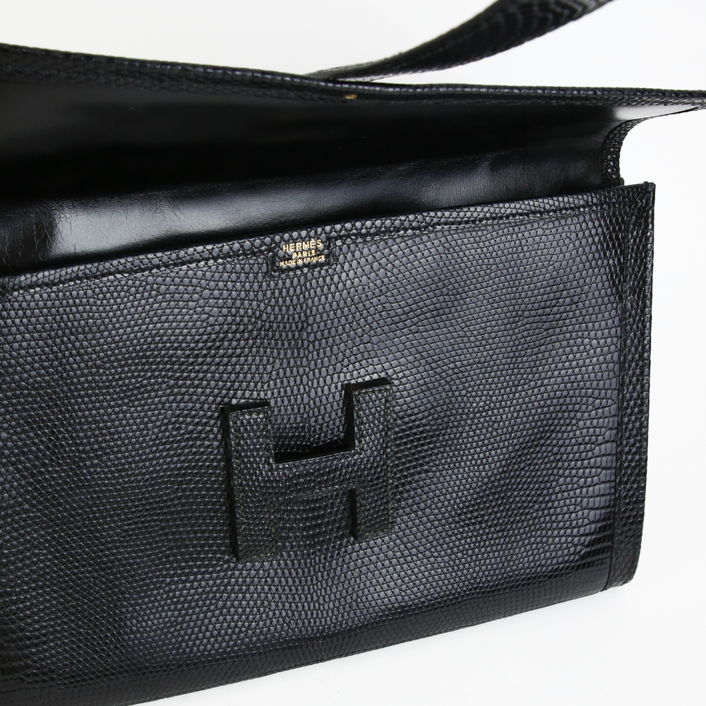 Hermès Vintage Black Lizard Leather Jige 29 Clutch Bag