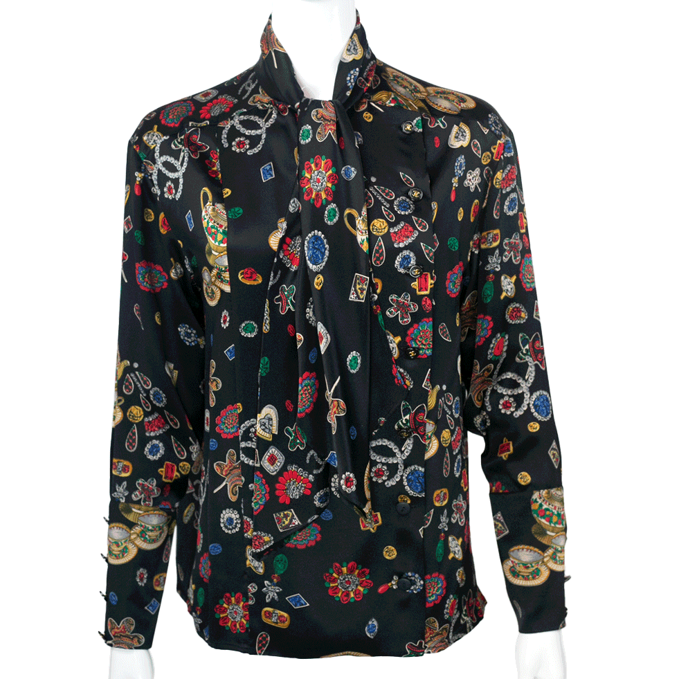 Front View of Chanel 1990's Jewelry Print Blouse