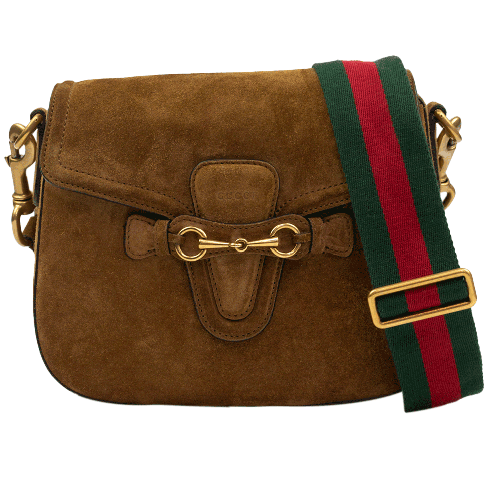 front view of Gucci Lady Web Brown Suede Crossbody Bag