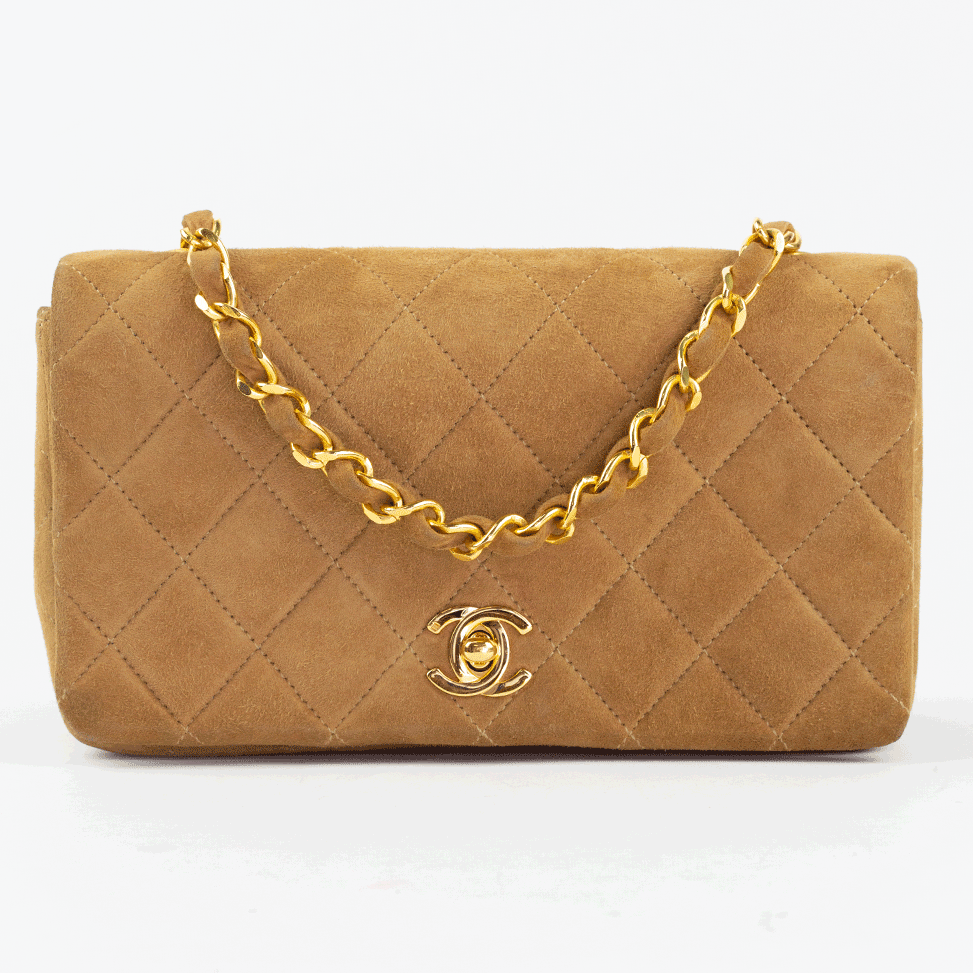 front view of Chanel Vintage Tan Suede Mini Flap Crossbody Bag