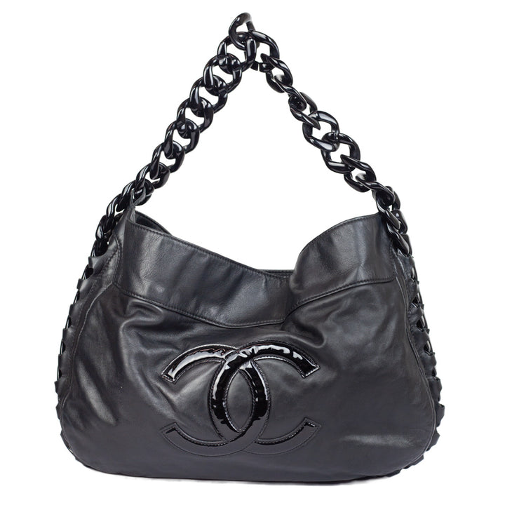 front view of Chanel Modern Chain Rhodoid Black Hobo Bag