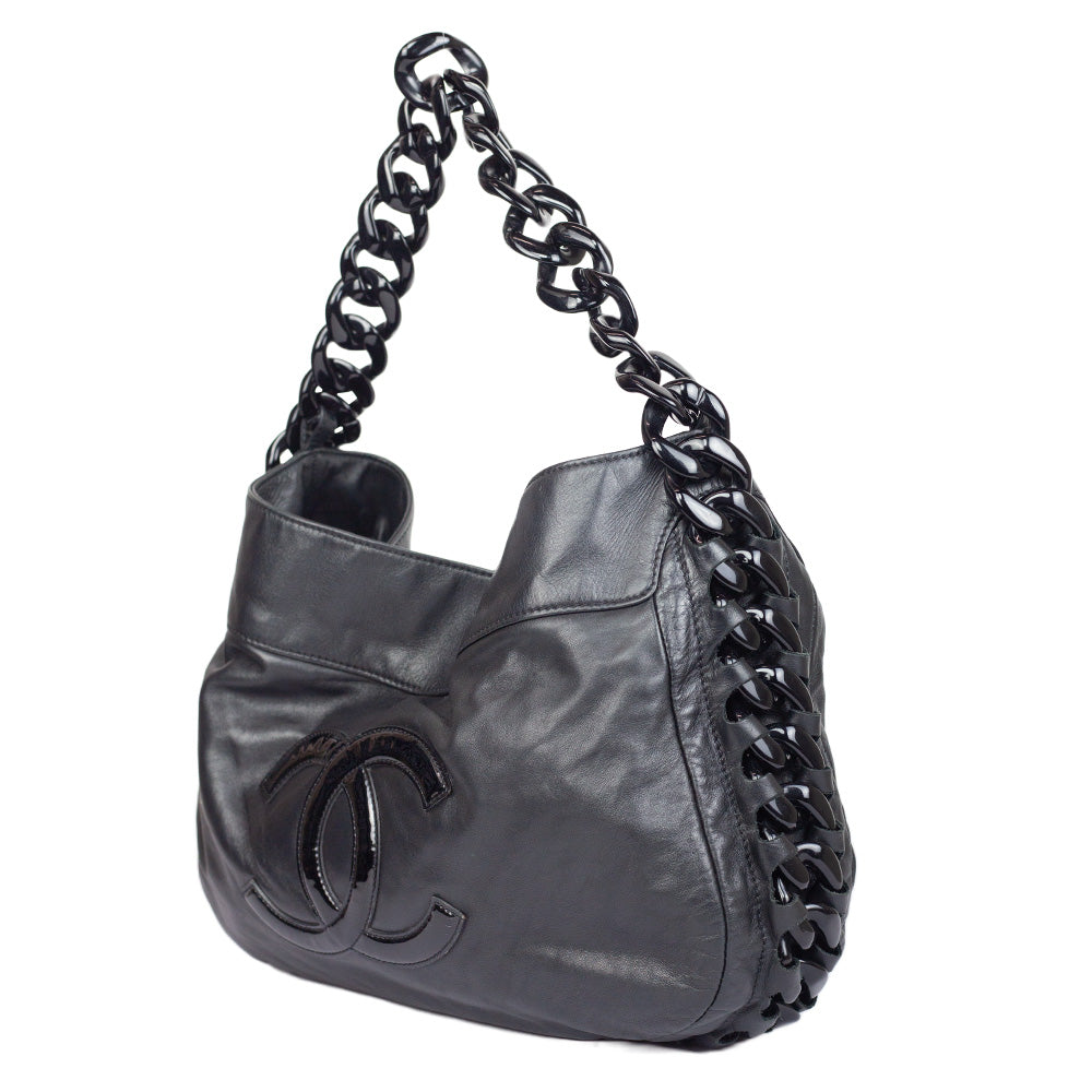 side view of Chanel Modern Chain Rhodoid Black Hobo Bag