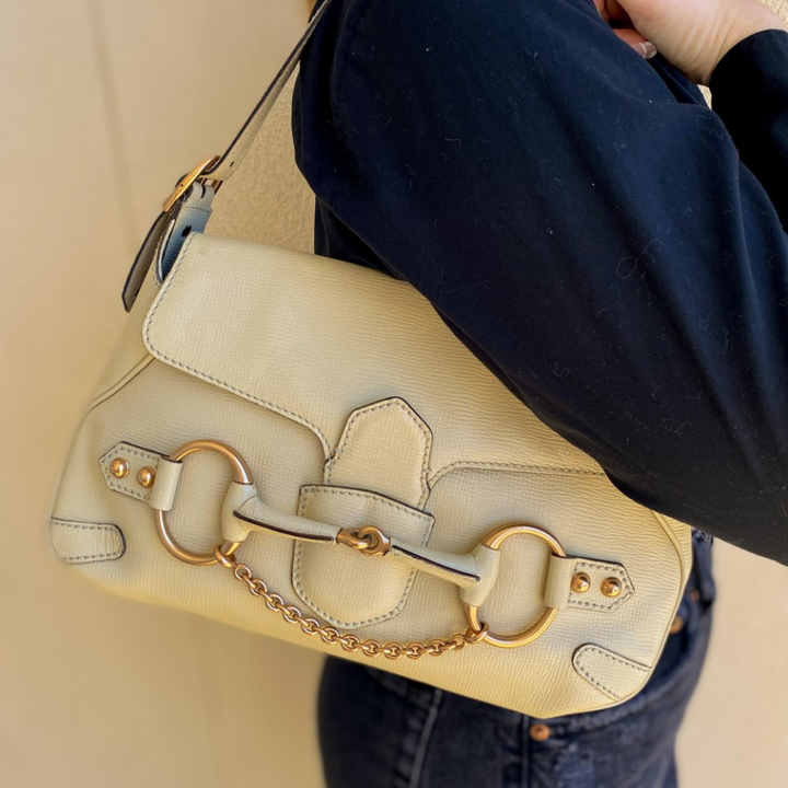 Gucci Cream Leather Horsebit Chain Shoulder Bag