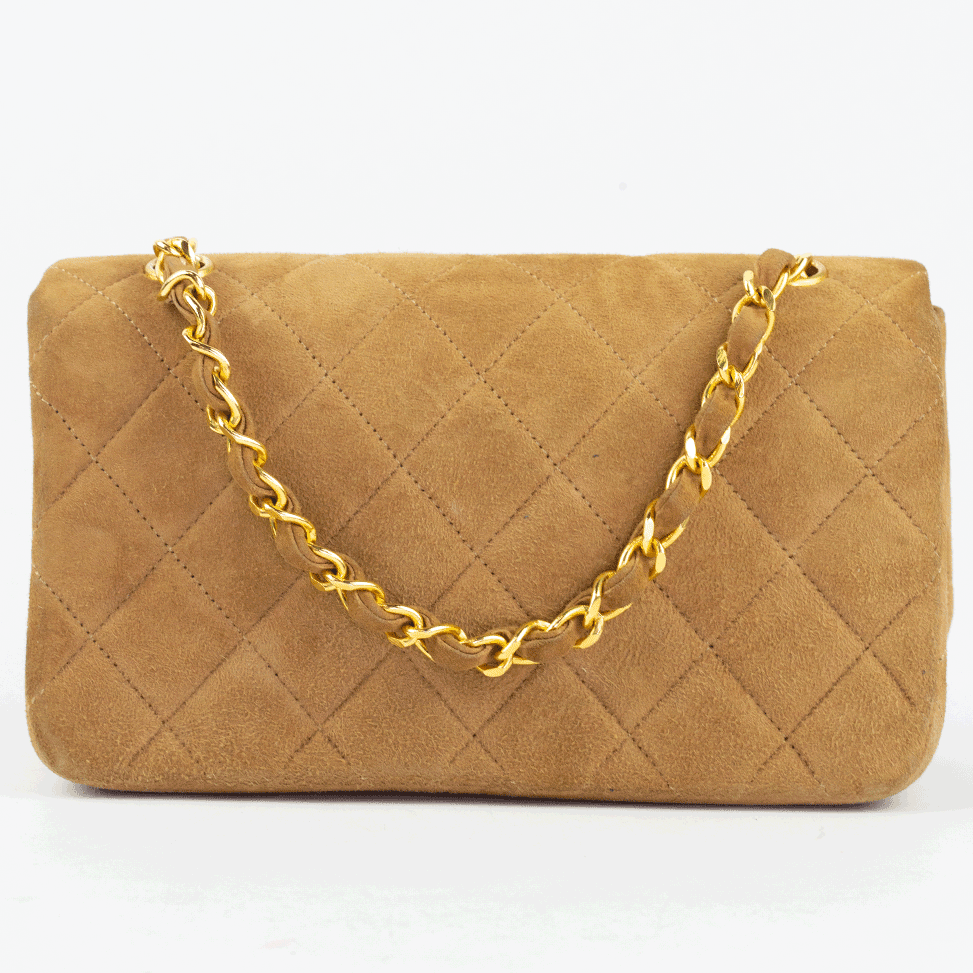 back view of Chanel Vintage Tan Suede Mini Flap Crossbody Bag