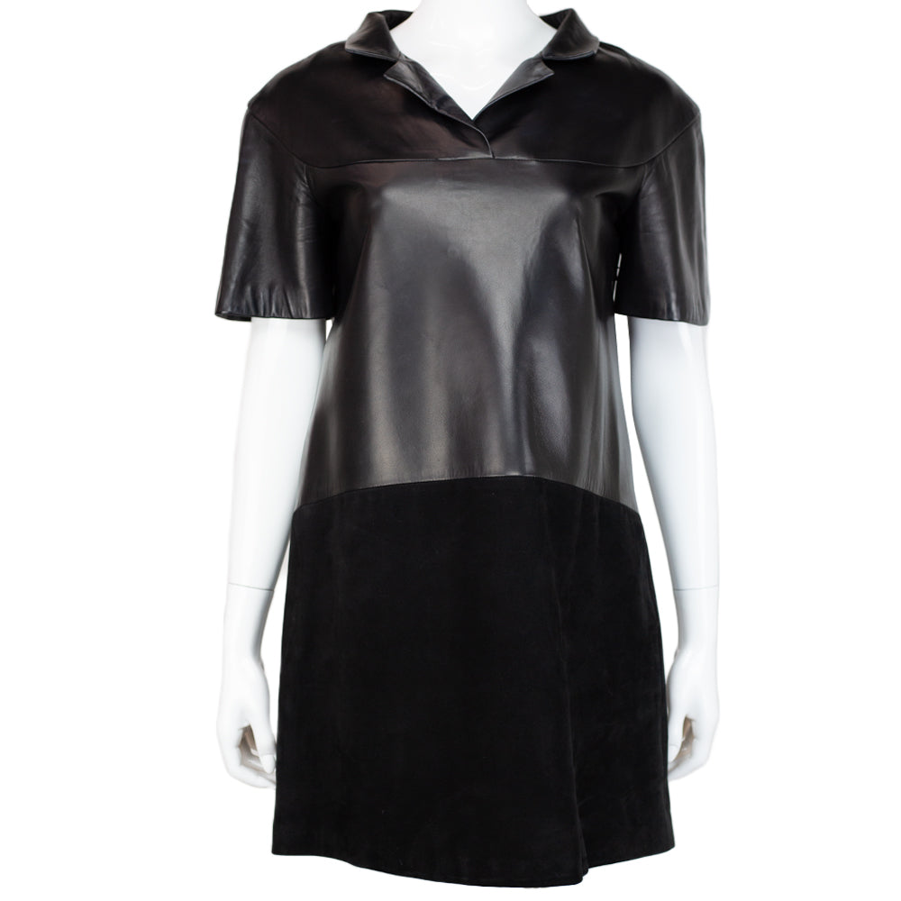 front view of Balenciaga Black Leather & Suede Tunic Dress