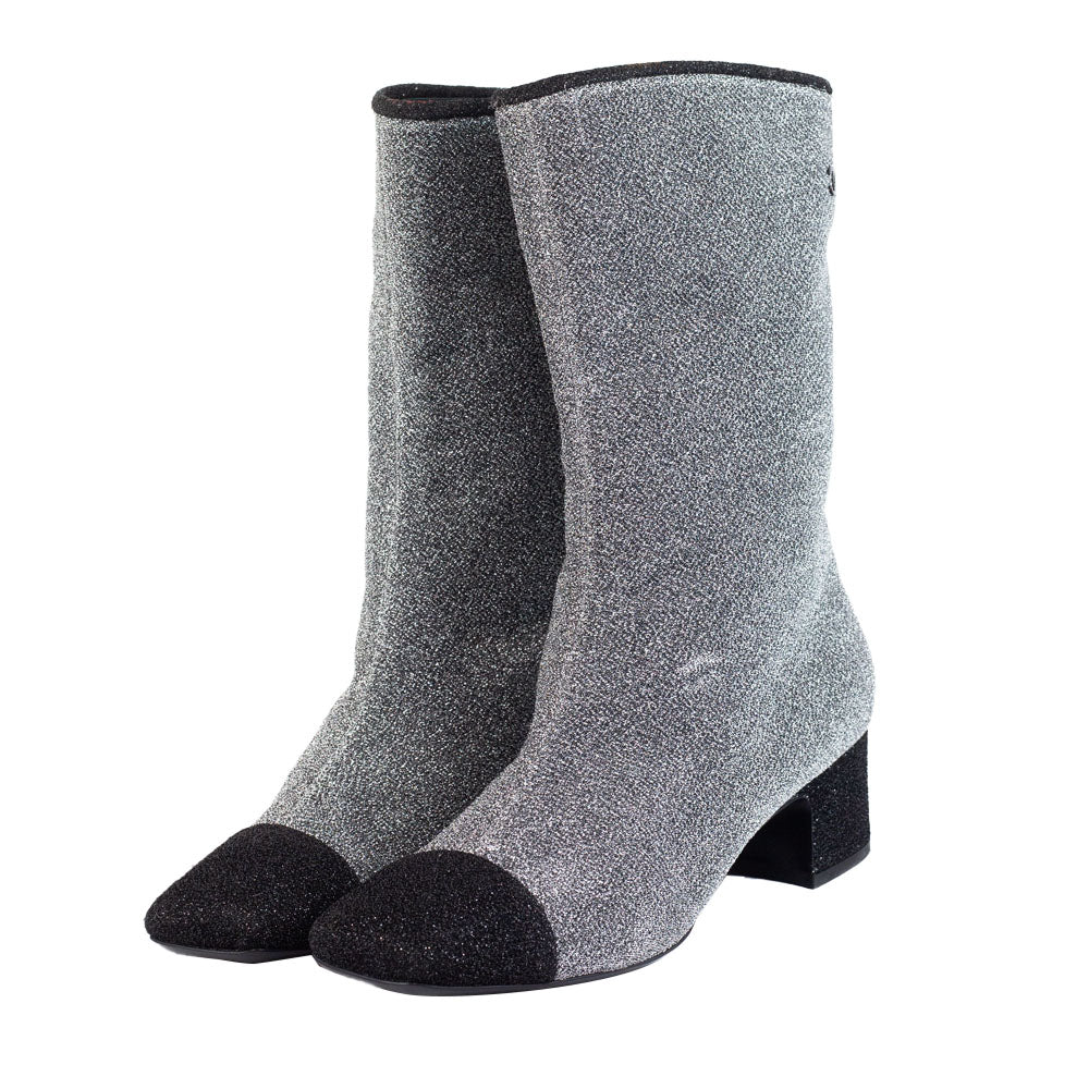 Chanel Silver & Black Glitter Interlocking CC Boots | DBLTKE