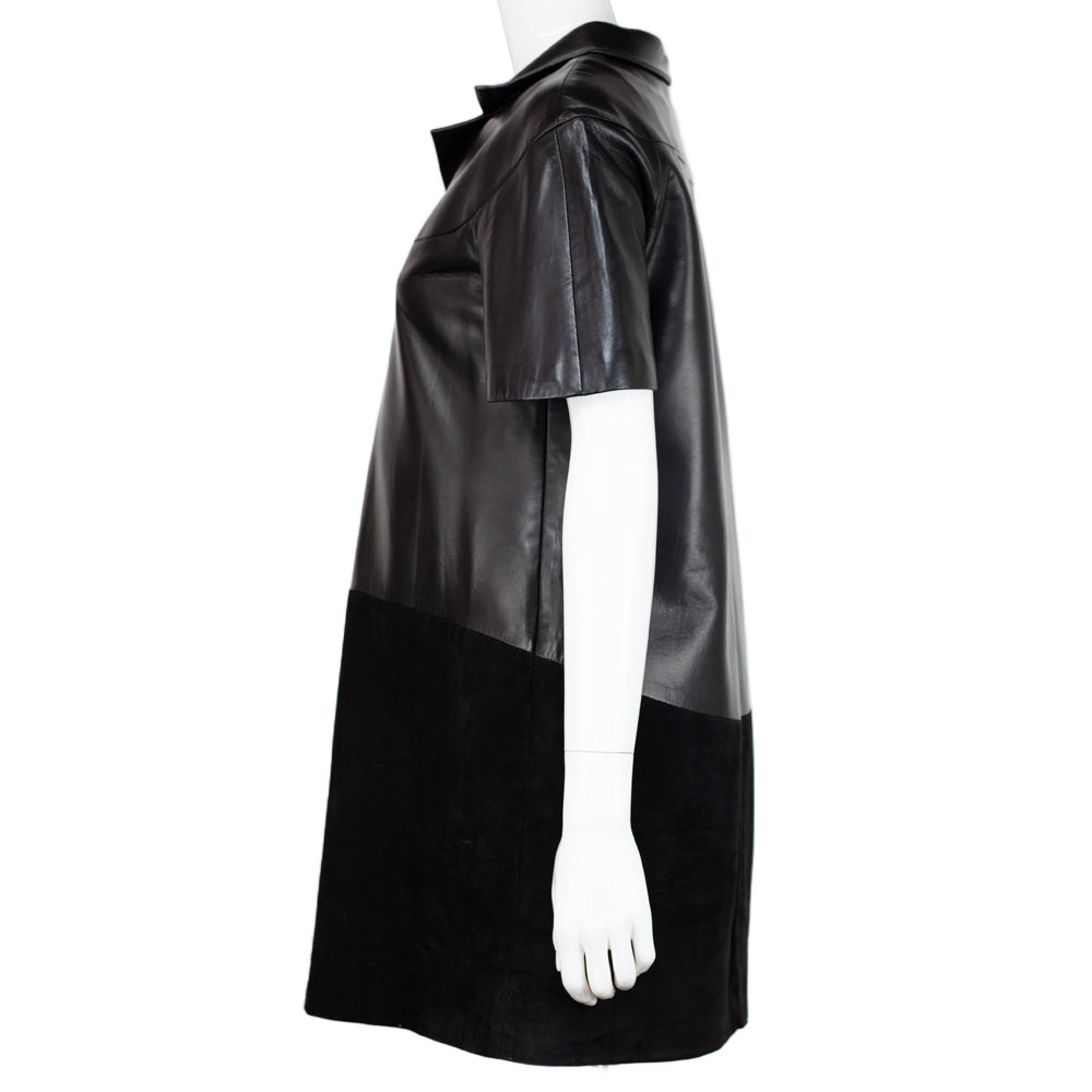 side view of Balenciaga Black Leather & Suede Tunic Dress