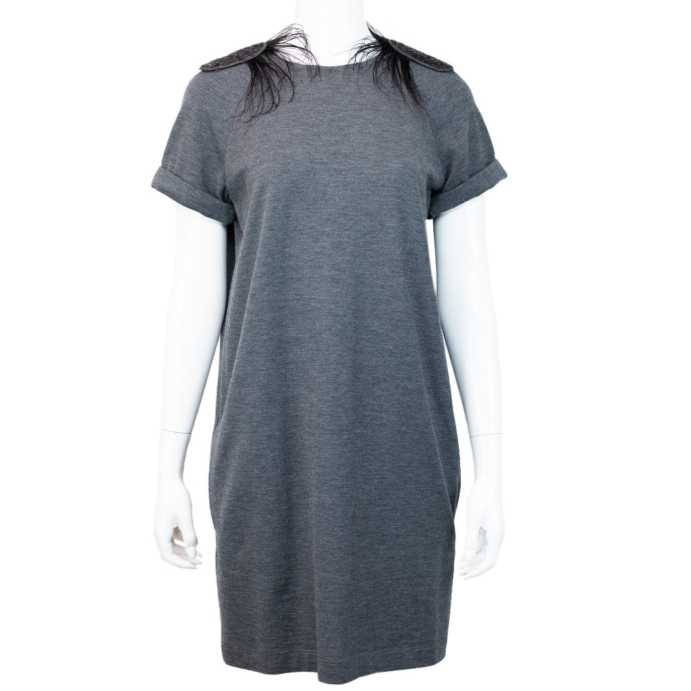 front view of Brunello Cucinelli Charcoal Feather Shirt Dress