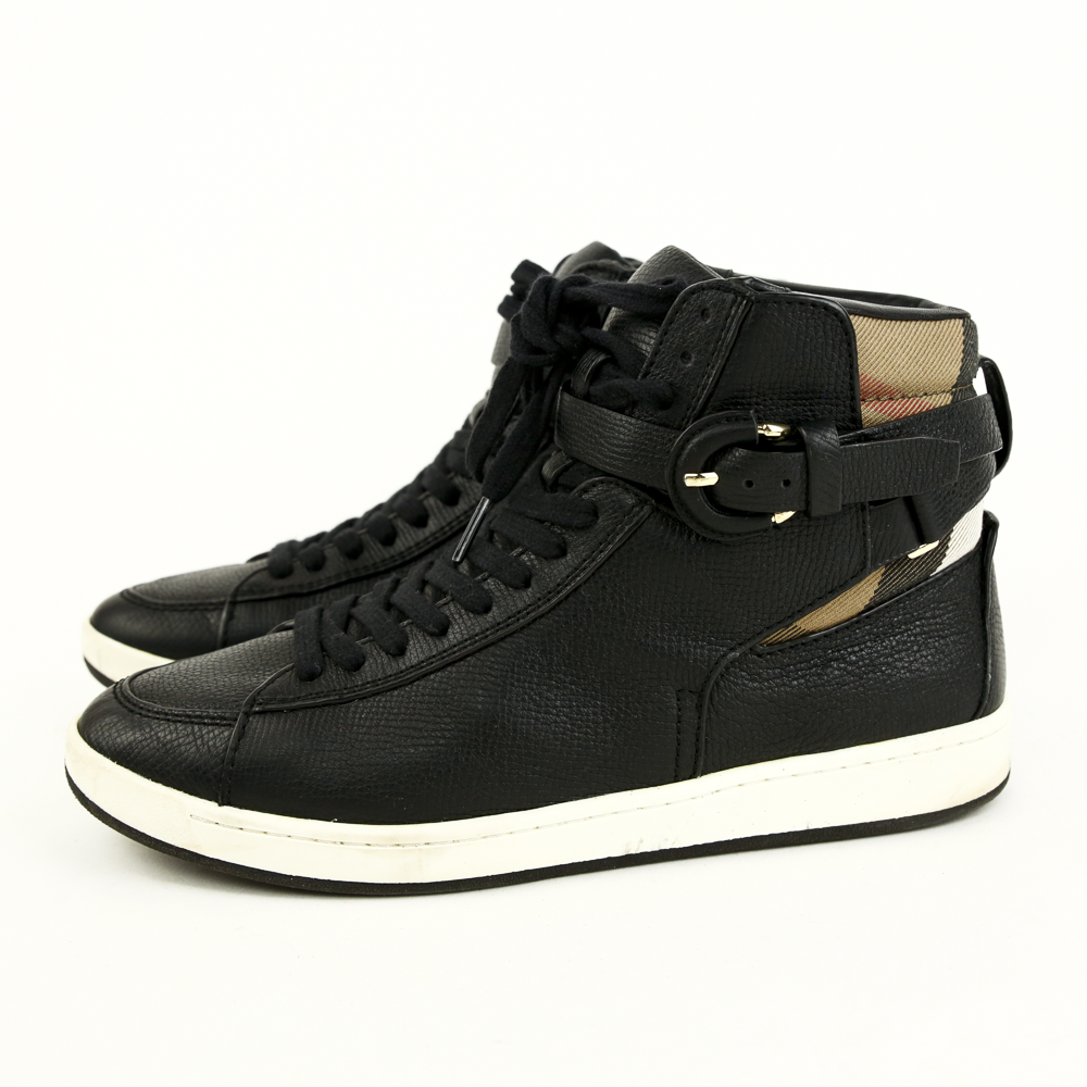 Burberry Black Leather & House Check High Top Sneakers