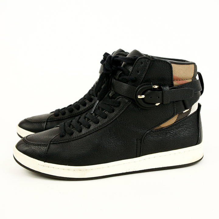 Burberry Black Leather & House Check High Top Sneakers