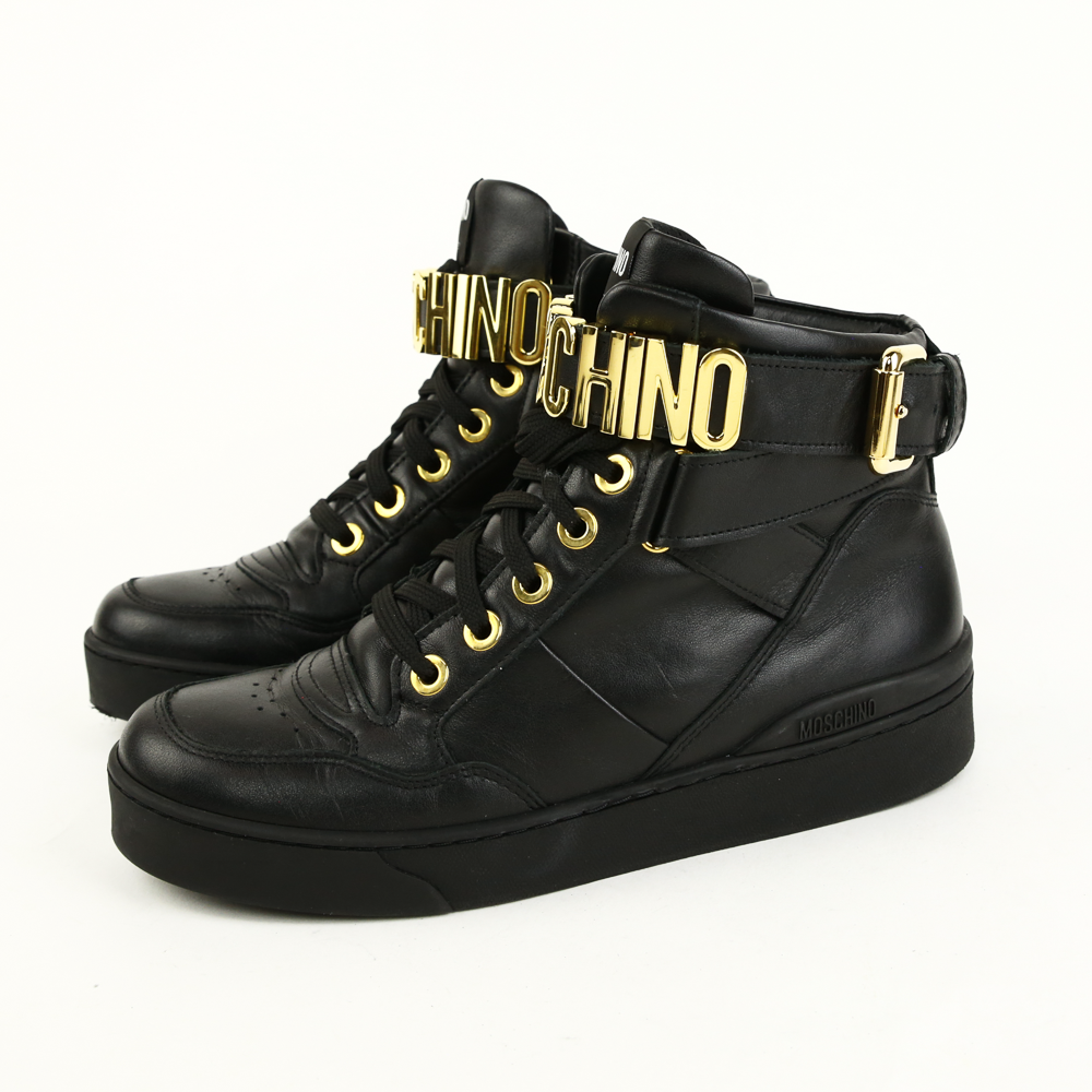 Moschino Black Leather Logo Strap High Top Sneakers