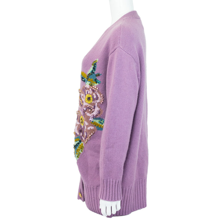 side view of Escada Lilac Wool & Cashmere Embroidered Cardigan