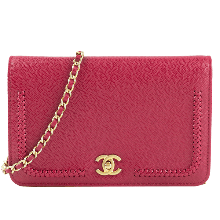 front view of Chanel Berry Caviar Leather Wallet on Chain