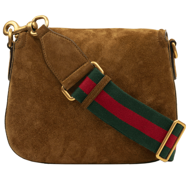 back view of Gucci Lady Web Brown Suede Crossbody Bag