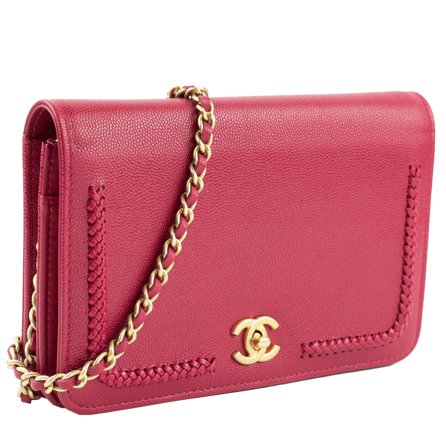 side view of Chanel Berry Caviar Leather Wallet on Chain