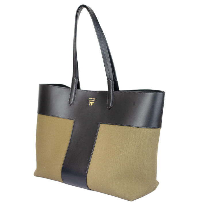 side view of Tom Ford Light Khaki East/West Graphic T Tote
