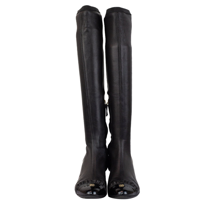 Chanel Black Ruffled CC Cap Toe Tall Boots
