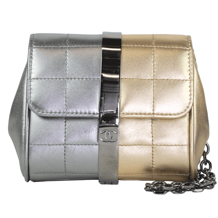 front view of Chanel 2 Tone Metallic Square Clutch