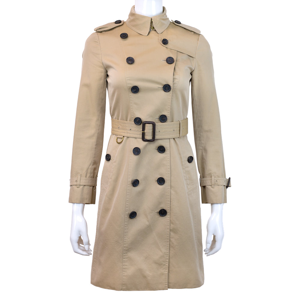 front view of Burberry The Sandringham Tan Trench Coat