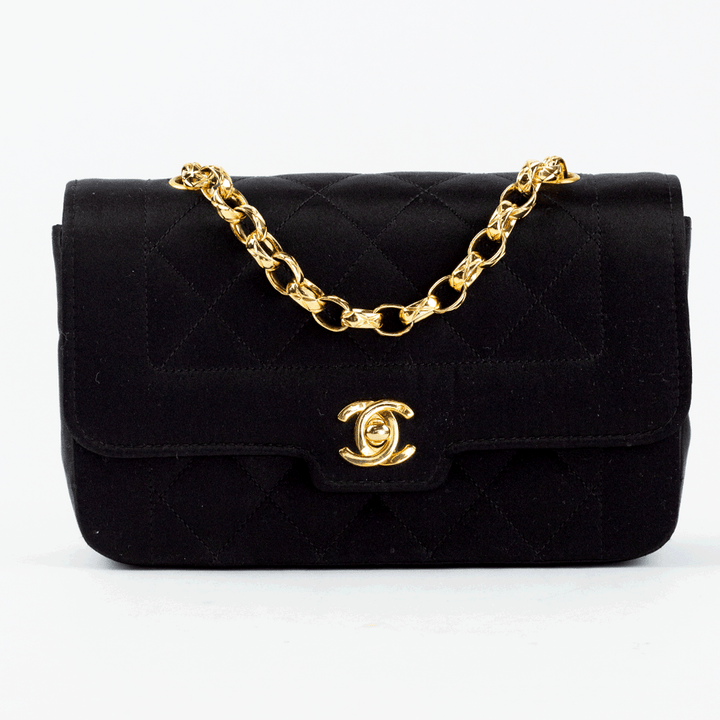 FRONT VIEW of Chanel Vintage Black Satin Flap Crossbody Bag