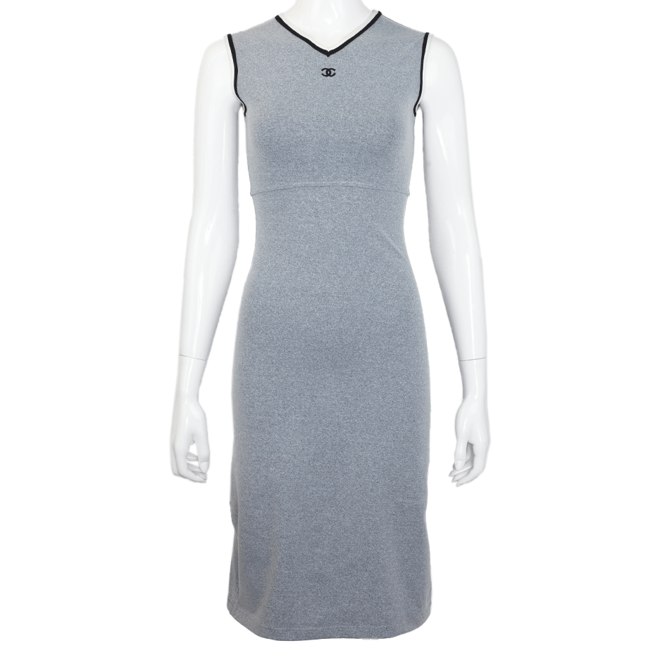 Front view of Chanel Gray Knit Logo Tennis Dress