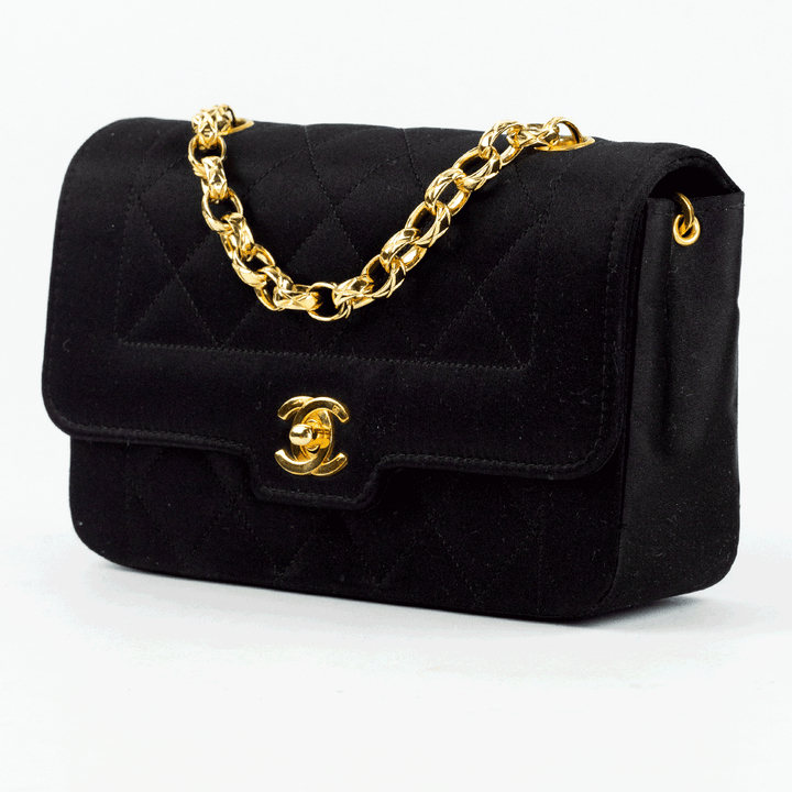 side view of Chanel Vintage Black Satin Flap Crossbody Bag