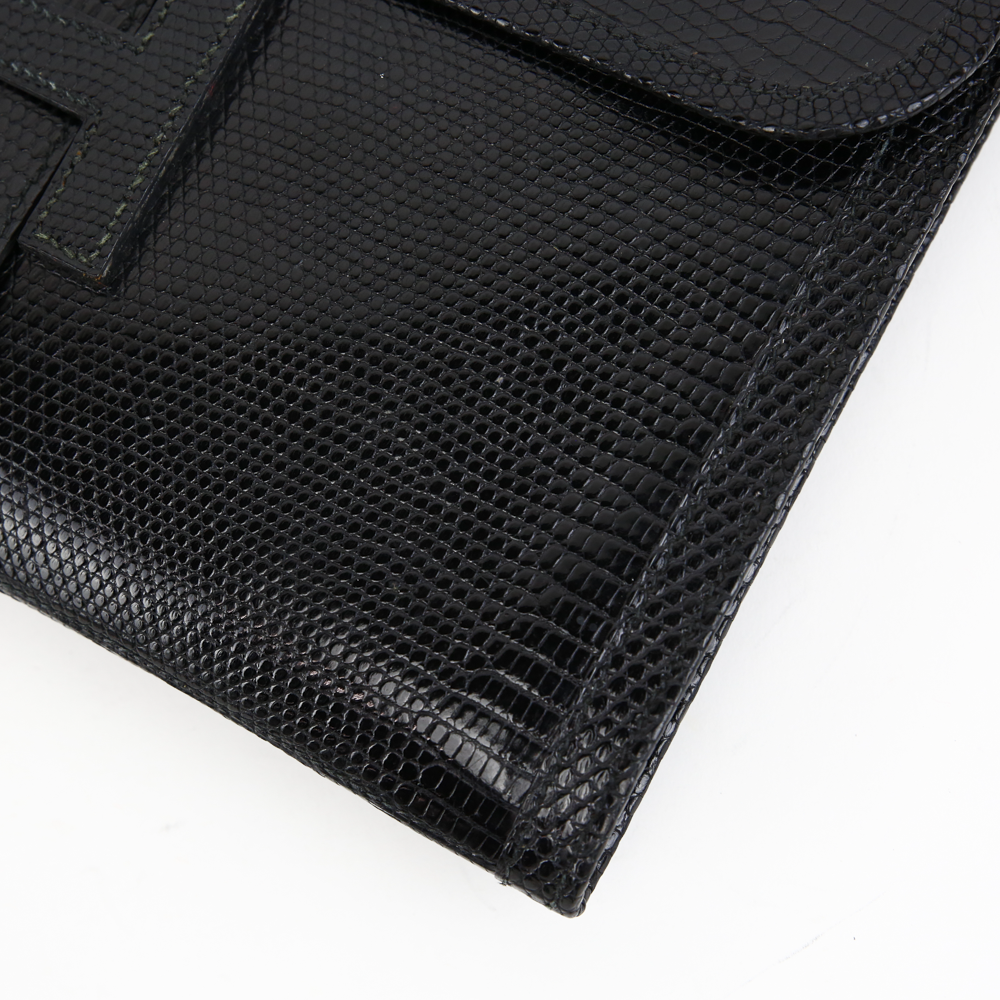 corner view of Hermès Vintage Black Lizard Leather Jige 29 Clutch Bag