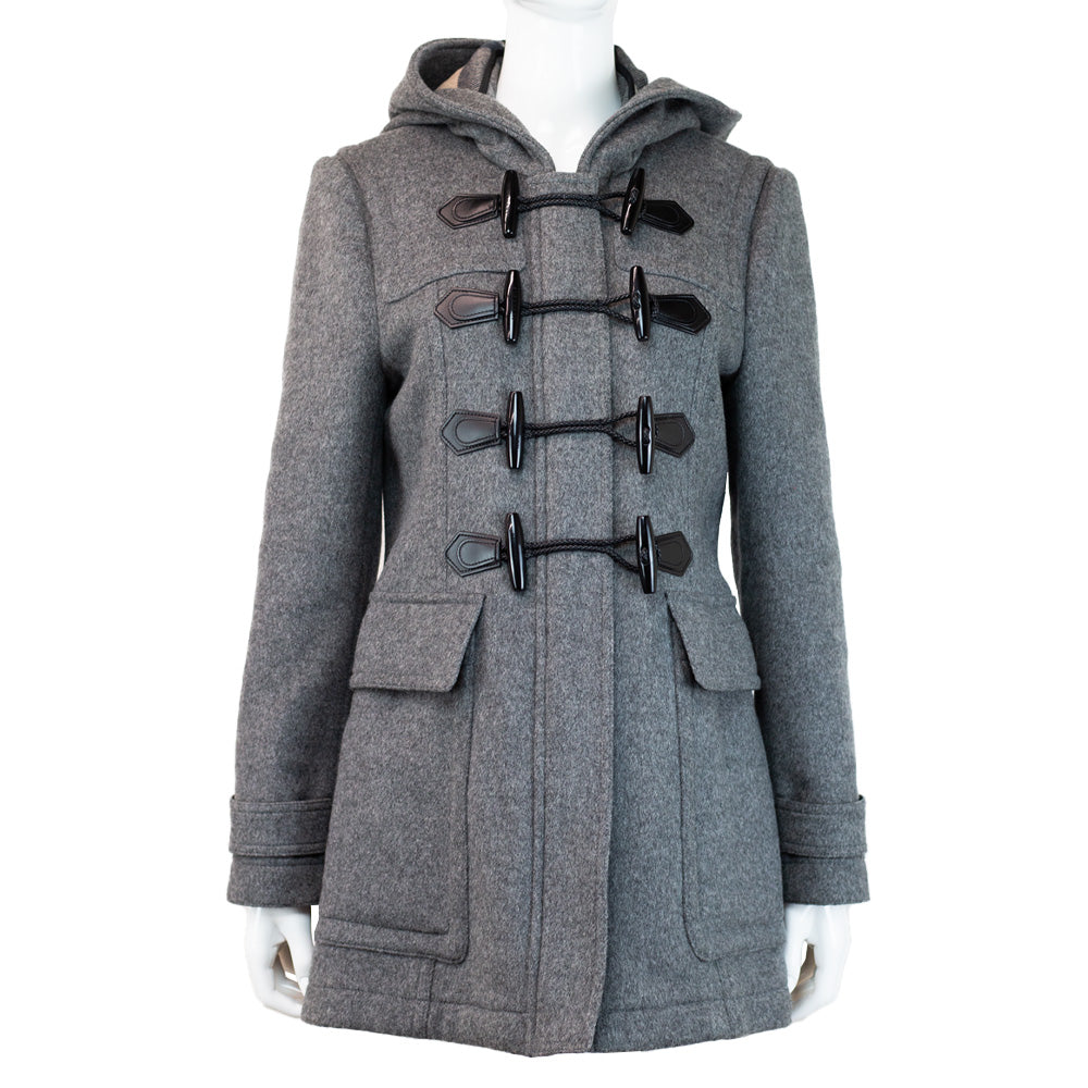 front view of Burberry Gray Wool Toggle Coat