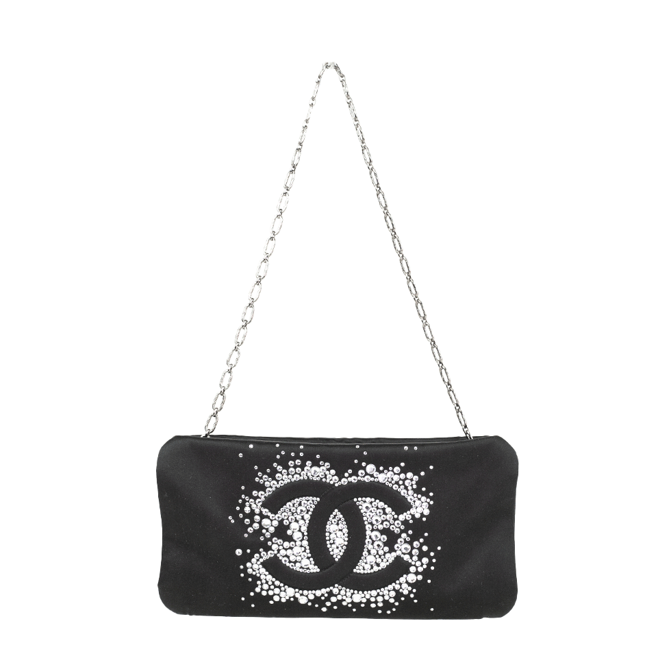 front view of Chanel Black Satin Strass Clutch