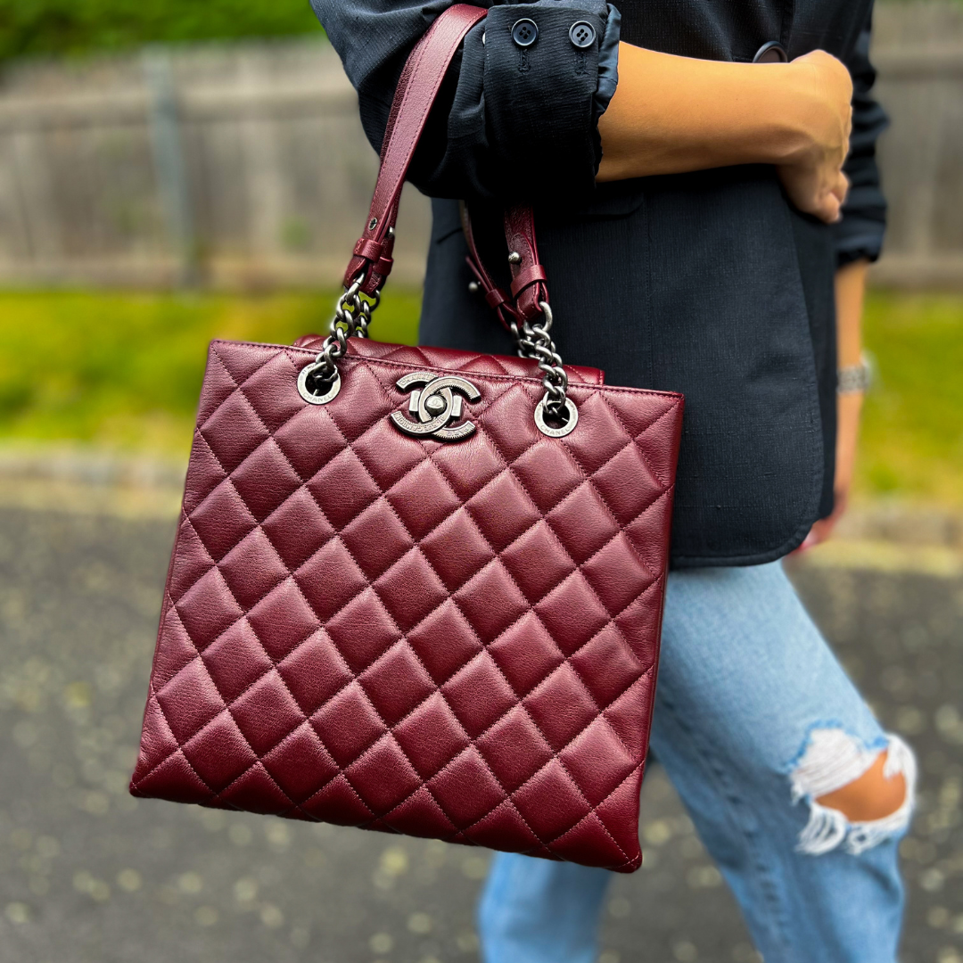 Chanel Quilted Caviar Leather Rock in Rome Tote Bag Dark Red Coral