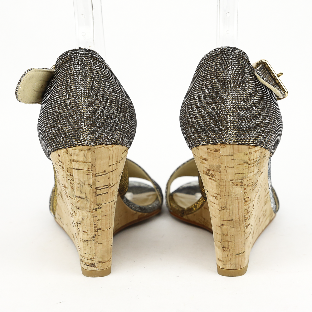 back view of Stuart Weitzman Glitter Fabric Cork Wedge Sandals