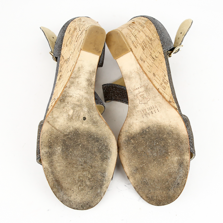 sole view of Stuart Weitzman Glitter Fabric Cork Wedge Sandals