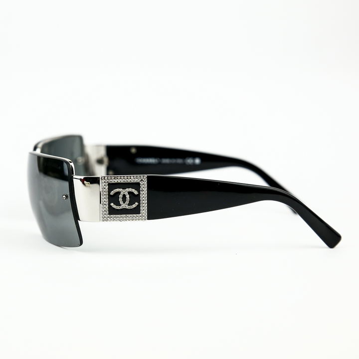 side view of Chanel Rimless Square Frame Crystal CC Sunglasses