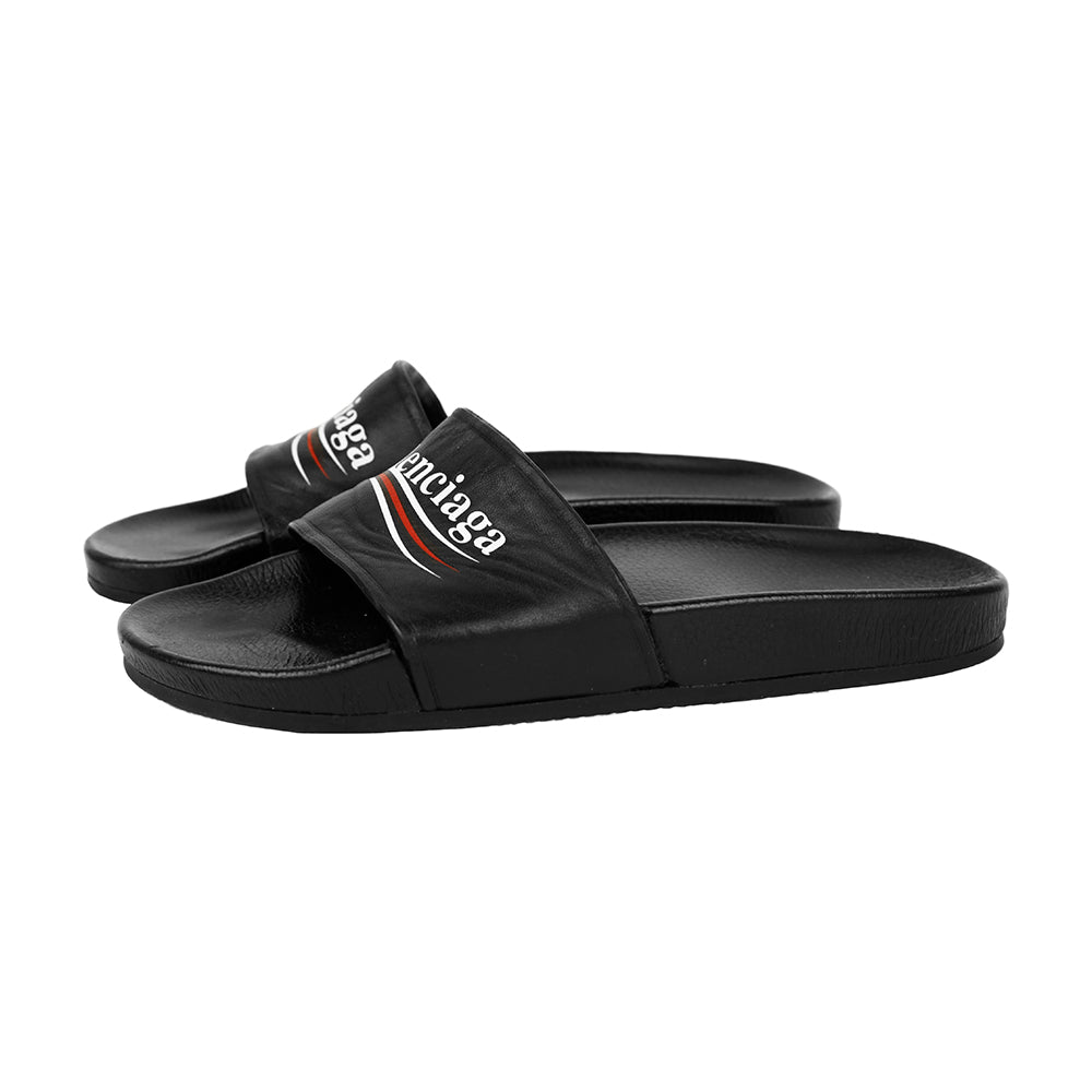 Balenciaga Black Leather Logo Slide Sandals