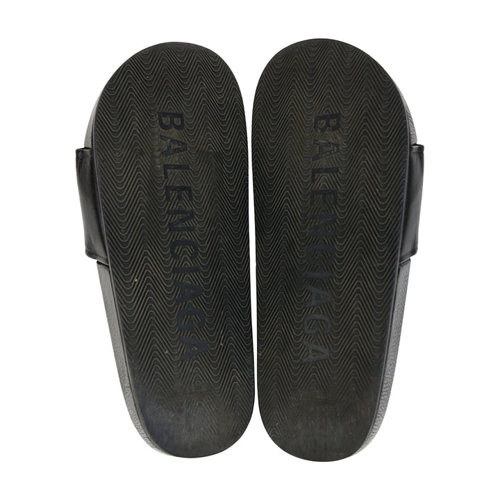 Balenciaga Black Leather Logo Slide Sandals