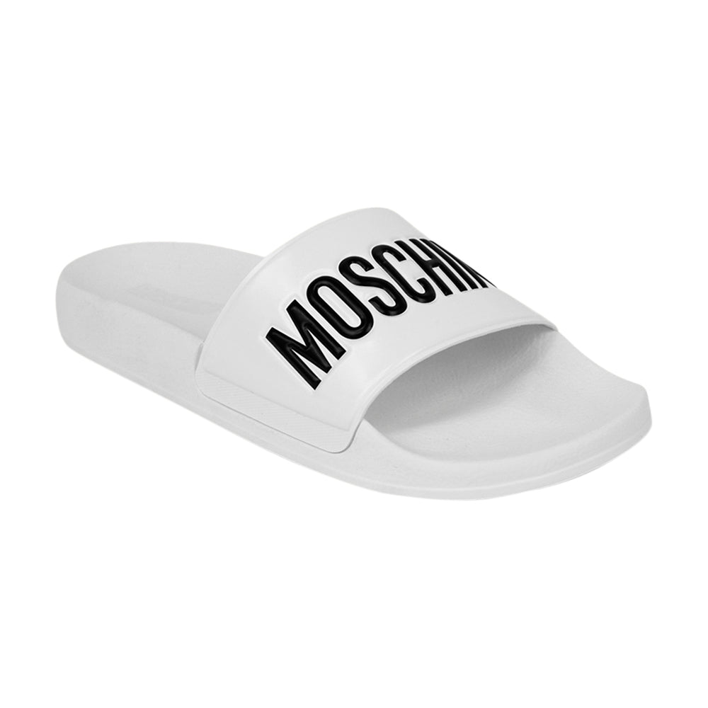 Moschino White Rubber Logo Slide Sandals