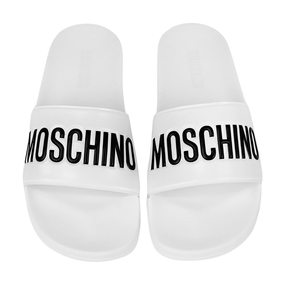 Moschino White Rubber Logo Slide Sandals