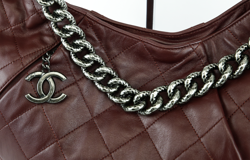 chain view of Chanel Coco Pleats Burgundy Leather Hobo Bag